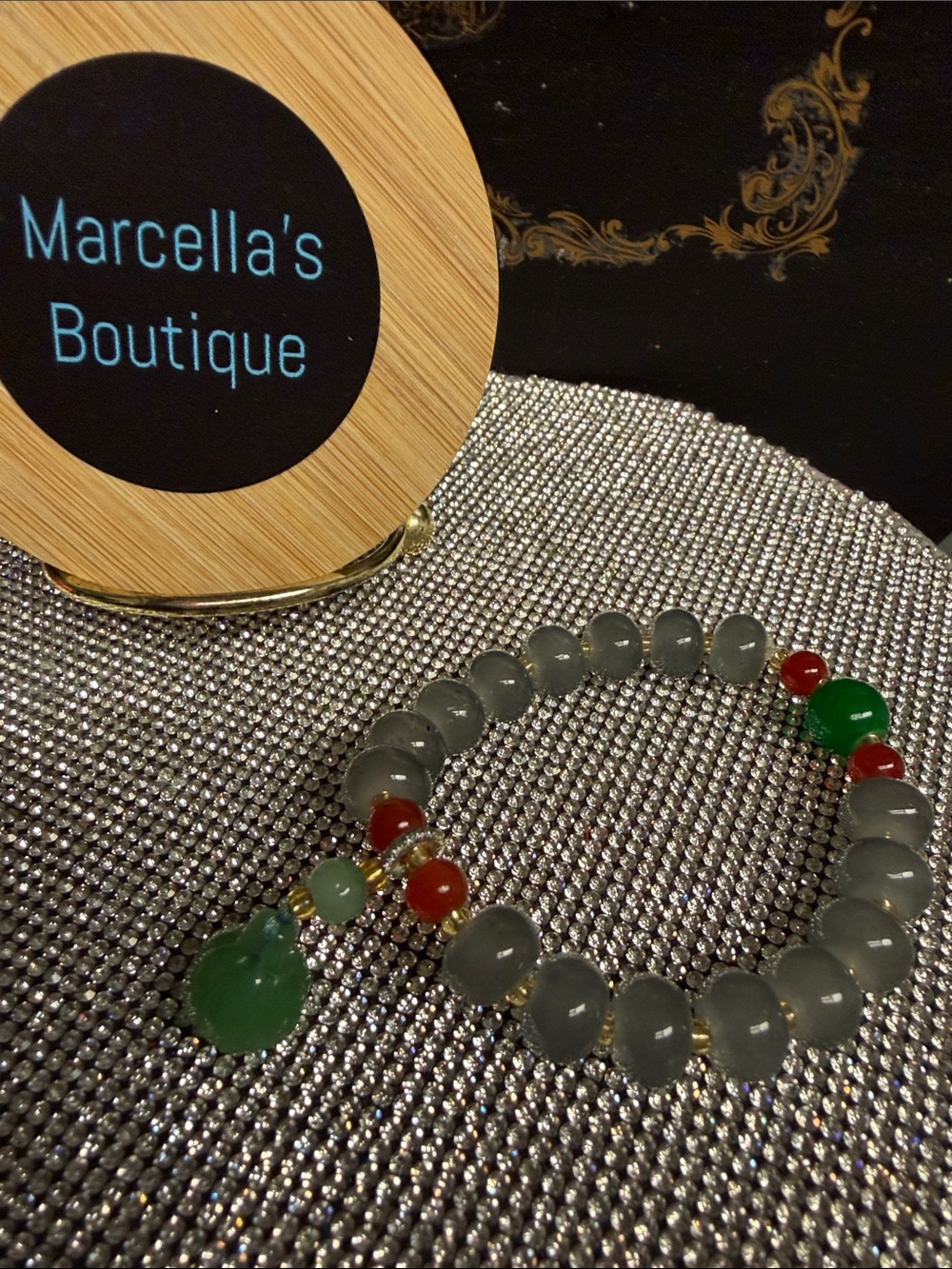 Gray and Green Beaded money bag Stretch Bracelet